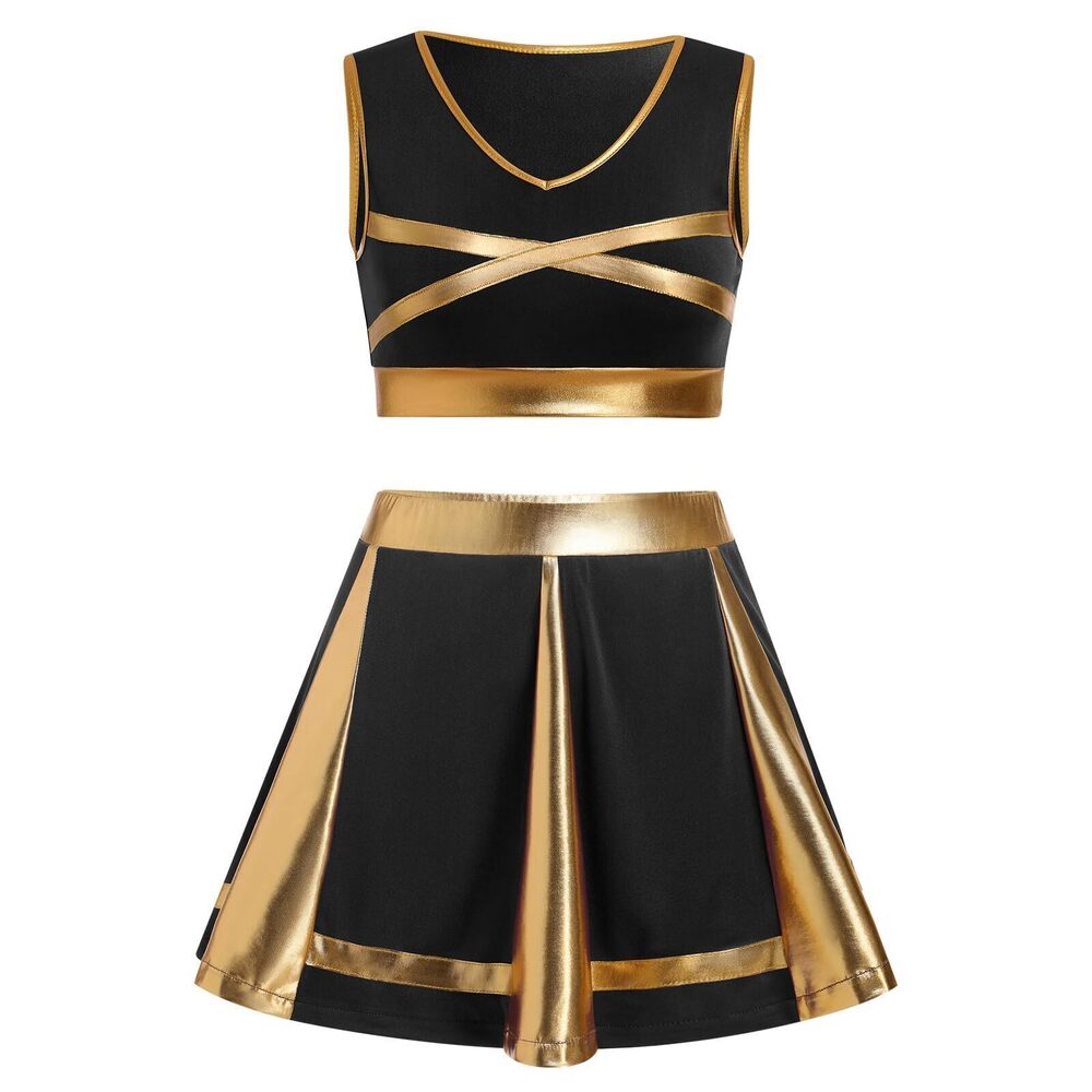 9450 Metallic Cheerleader Outfits Sleeveless Crop Top Pleated Mini Skirt